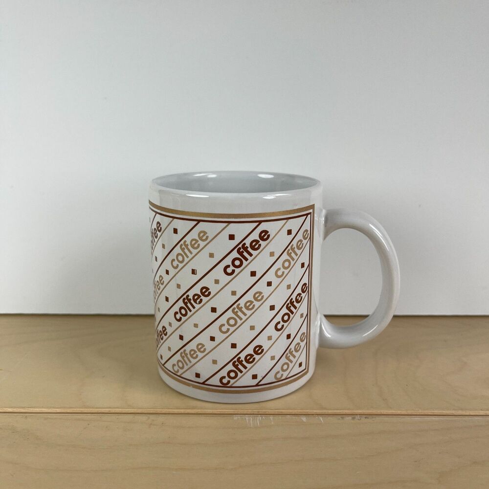 Coffee Coffee Mug White Tan Brown Cup Vintage 1993 Houston Foods 3 5/8" Tall